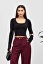 Square Neck Finger-Looped Blouse Black