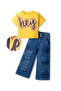 Knit Short Sleeves Text Printed Top & Stretchable Denim Pants Set-Yellow & Blue - 3