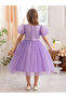 Girl Solid Puff Sleeve Lace Top Mesh Party Dress - 4