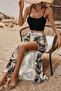 New Season Women's Rope Strap Round Neck Short Viscose Blouse and Patterned Slit Single Jersey Skirt Double Set - 4