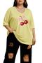 Ribbon-Cheery Printed Large Size V-Neck Oversize Unisex T-Shirt 1Cz4