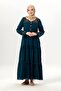 Long Sleeve Zeynep Crew Neck Embroidered Long Voile Dress Petrol Ptrl