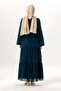 Long Sleeve Zeynep Crew Neck Embroidered Long Voile Dress Petrol Ptrl - 2