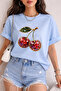 Stone-Embellished Cherry Print Unisex Oversize T-Shirt – Cotton Crew Neck Casual T-Shirt