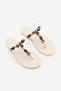 Women's Thin Strap Flip-Flops with Bohemian Stone Buckle, Casual Slippers, Marsil Ecru - 5
