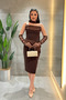 Atlas Fabric Pencil Dress with Ruffle Collar and Glove Detail - Brown - 2