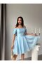 Baby Blue Pleated Skirt Evening Dress with Detailed Back Design - 4