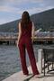 Women's Burgundy Linen Accessory Detailed Vest and Trouser Set Sleeveless Relaxed Fit - 4