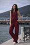 Women's Burgundy Linen Accessory Detailed Vest and Trouser Set Sleeveless Relaxed Fit - 3