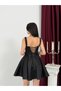 Black Square Collar Belt Detailed Satin Evening Dress - 6