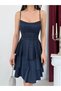 Navy Blue Thin Strap Skirt with Flounces and Glitter Evening Dress Graduation Dress - 4