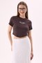 Crep Women's Stars and Stripes Printed Crew Neck Crop t Shirt Slim Fit Viscose Ribbed Brown