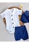 Navy Blue Shorts and Handmade Teddy Bear Snap-On Bodysuit and Beanie Baby Boy Set - 2