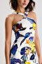 Viscose Elastane Ring Detailed Halter Neck Mini Dress |   Elb36662 Yellow Cobalt Blue Flowered - 4