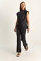 Women's Black Accessory Detailed Padded Blouse High Waist Ribbed Trousers Set 60627 60286092 - 3