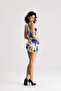 Viscose Elastane Ring Detailed Halter Neck Mini Dress |   Elb36662 Yellow Cobalt Blue Flowered - 6
