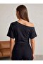 Women's Open Shoulder Short Sleeve Fitted Black T-Shirt - 2