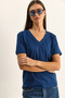 Women's Navy Blue 100% Organic Cotton Deep V-Neck Comfort Fit T-Shirt 60602066 - 4