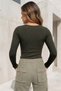 Women's Khaki Green Color Cowl Neck Long Sleeve Ribbed Camisole Blouse Body - 2