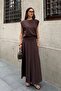 Women's Brown Modal Touch Padded Blouse Pleated Skirt Top and Bottom Set - 2