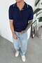 Navy Blue Stripe Detailed Basic Knitwear Polo Neck T-Shirt