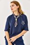 Women's Scarf Embroidered Oversize Tshirt Navy Blue - 2