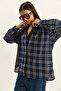 Women's Navy Blue Plaid Patterned Relaxed 100% Cotton Shirt 34519 60286020 - 4