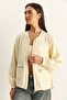 Women's Cream Embossed Floral Embroidered Lined Zippered Seasonal Chiffon Jacket 2920 60286086 - 3