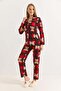 Women's Red Cotton Polo Collar Teddy Bear Printed Polo Collar Pajama Set - 2
