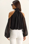Women's Black Off-Shoulder High Neck Lined Chiffon Blouse with Elastic Hem 1020 60286089 - 7