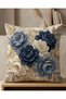 Blue Flower Themed 3D Digital Printed Throw Pillow Cover with Punch Embroidery Appearance - 3