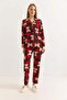 Women's Red Cotton Polo Collar Teddy Bear Printed Polo Collar Pajama Set