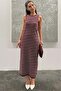 Burgundy Crew Neck Striped Casual Dress Mg2803 - 5