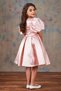 Girl's Balloon Sleeve Stone Stripe Embroidery Belt Detailed Pleated Satin Salmon Evening Dress - 2