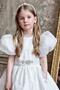 Girl's White Satin Evening Dress with Diamond-Studded Waistband, Ribbon Belt Detail, Leaf Embroidery, and Balloon Sleeves - 5