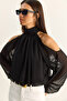 Women's Black Off-Shoulder High Neck Lined Chiffon Blouse with Elastic Hem 1020 60286089 - 4