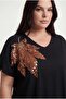 Women's Plus Size Leaf Embroidered Loose Black-Yellow Dress - 4