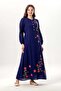 Long Sleeve Spring Buttoned Crew Neck Floral Embroidered Summer Sile Fabric Long Dress Purple Purple - 7