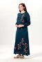 Long Sleeve Spring Buttoned Crew Neck Floral Embroidered Summer Shile Cloth Long Dress Petrol Ptrl - 5