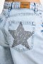 Women's Denim Color T-4S6-3 Mom Fit Midi Length Shiny Star Stone Special Design Denim Shorts - 6