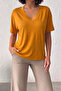 Women's Mustard V-Neck Short Sleeve Basic T-Shirt Nj144 - 2