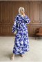 Rose Half Buttoned Patterned Long Dress - Cobalt Blue