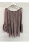 Women's Powder Italian Elastic Madonna Collar Ruffled Spanish Sleeve Lined Silk Blouse 38 - 44 Size - 4