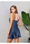 Women's Navy Blue V-Neck Lace Detailed Thin Strap Satin Nightgown - 7