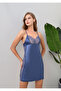 Women's Blue Satin Nightgown – Lace Embroidered & Lightweight and Comfortable Strap Model