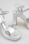 Silver Platform Heeled Women's Sandals with Ankle Strap and Thick Heel, Stylish Evening Dress Shoes - 3