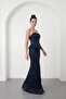 Women's Navy Blue Slim Fit Strapless Neck Sequined Long Evening Dress - 2