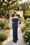 Women's Navy Blue Boat Neck Beaded Long Mermaid Evening Dress - 5