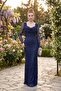 Women's Navy Blue Long Sleeve Beaded Evening Dress - 5