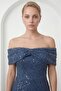 Women's Indigo Boat Neck Beaded Long Mermaid Evening Dress - 3